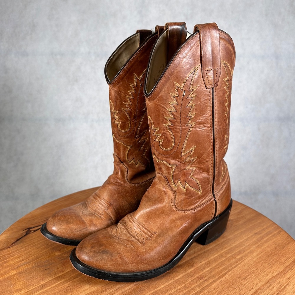Old West Cowboy Boots Kids 4 Brown Leather Good Western Stitch CCY1129G